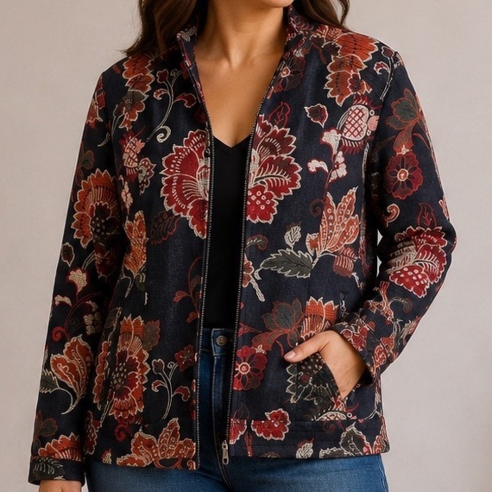 Chico's Size 0 Small Floral Embroidered Cotton Zip Jacket Boho Artsy Botanical